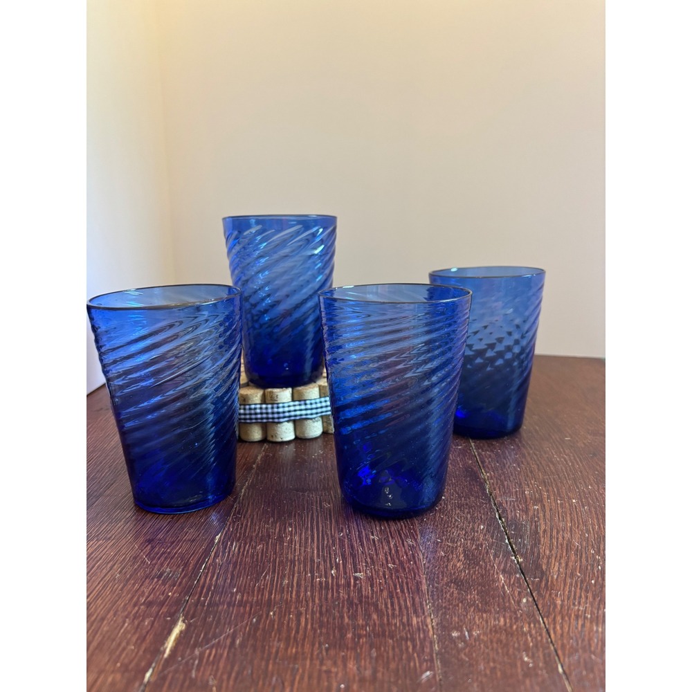 Set of 4 Cobalt Blue Hand Blown Glass Swirl Optic Tumblers 4.5" Drinking Glasses
